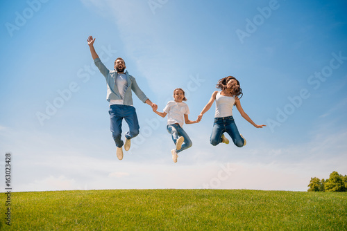 Happy young family with one child holding hands and jumping on meadow