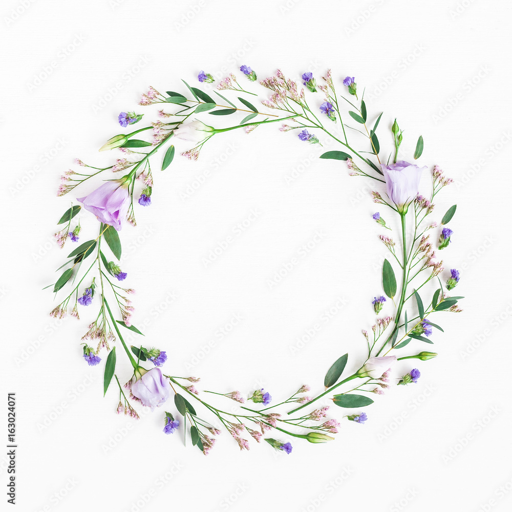 Obraz Flowers composition. Wreath made of various flowers and eucalyptus branches on white background. Flat lay, top view