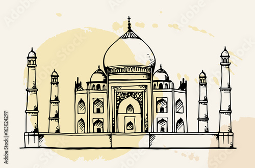 Taj Mahal, India hand drawn illustration on hand drawn watercolor splashes background