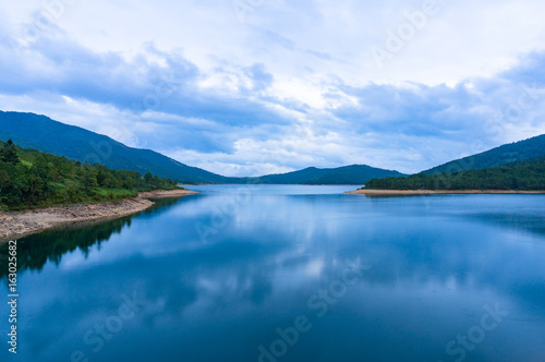 View from above on mountain lake at dusk