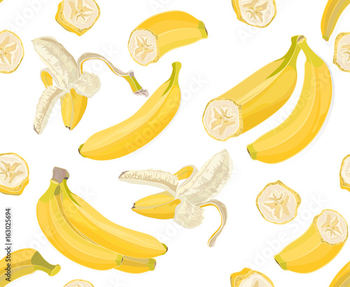 Seamless hand drawn tropical pattern with banana fruit on white background
