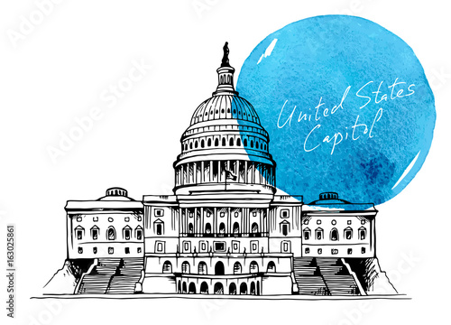 Capitol Building in Washington DC, USA, background  hand drawn watercolor splash with text