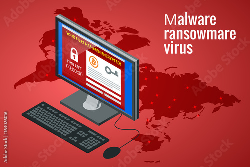 Ransomware, malicious software that blocks access to the victims data. Hacker attacks network. Isometric vector illustration. Internet crime concept. E-mail spam viruses bank account hacking.