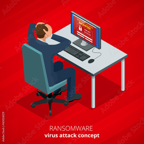 Ransomware, malicious software that blocks access to the victims data. Hacker attacks network. Isometric vector illustration. Internet crime concept. E-mail spam viruses bank account hacking.
