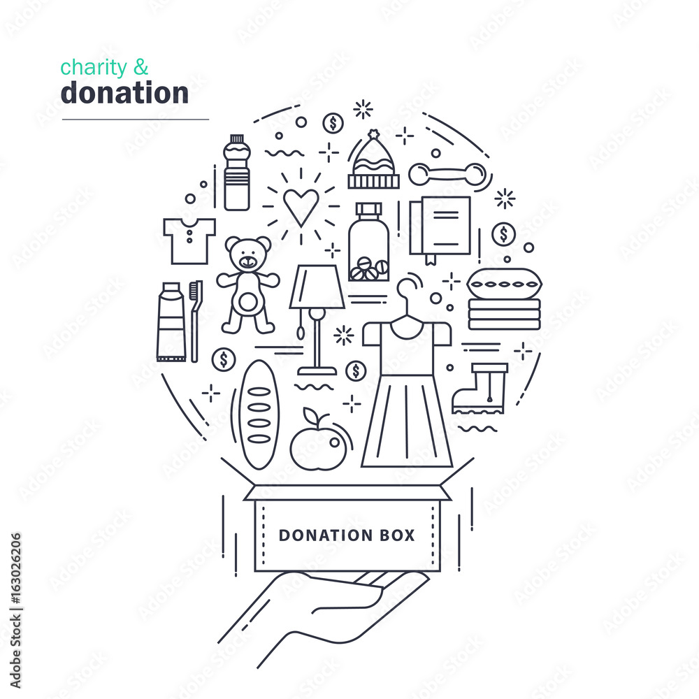 Charity and donation. Modern thin line design with the donation box and different things: clothes, footwear, food, water, toys, medicines. Vector illustration on white background.