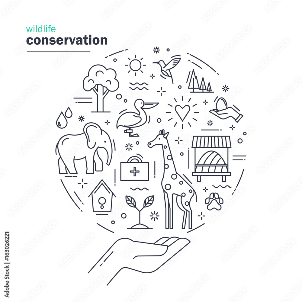 Wildlife conservation. Modern thin line design with animals, elements of  environment and ecology symbols. Save the natural fund of Earth. Vector  illustration on white background. Stock Vector | Adobe Stock