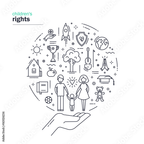 Children's rights. Modern thin line design of a family with the social environment. Protection, safety, development. Vector illustration on white background.
