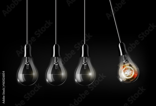 Glowing abstract futuristic light bulb technology among turned off light bulbs on dark background, perpetual Motion concept, an analogy with Newton's cradle, vector illustration