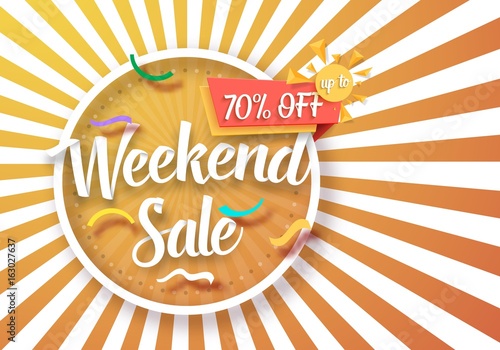 Illustration of Weekend Sale Vector Poster with Sunburs Lines on Background. Bright Sale Flyer Template