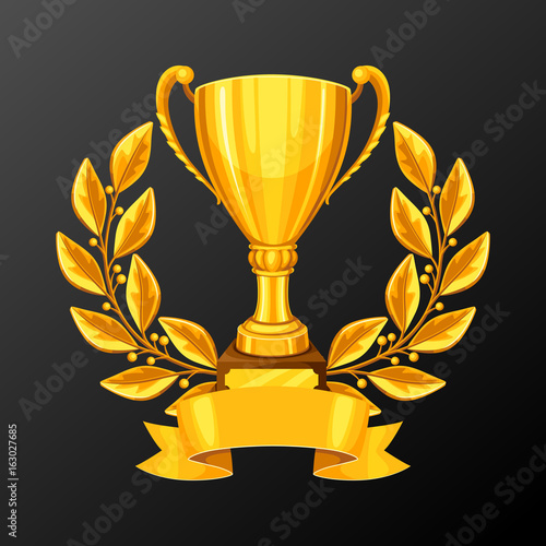Realistic gold cup with laurel wreath. Illustration of award for sports or corporate competitions