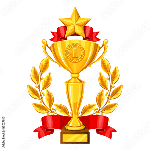 Realistic gold cup with laurel wreath and star. Illustration of award for sports or corporate competitions