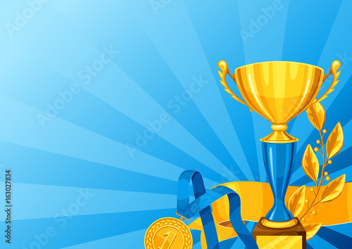 Realistic gold cup, laurel branch and medal. Background with place for text award for sports or corporate competitions