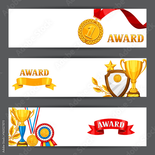 Banners with realistic gold awards. Backgrounds for sports or corporate competitions