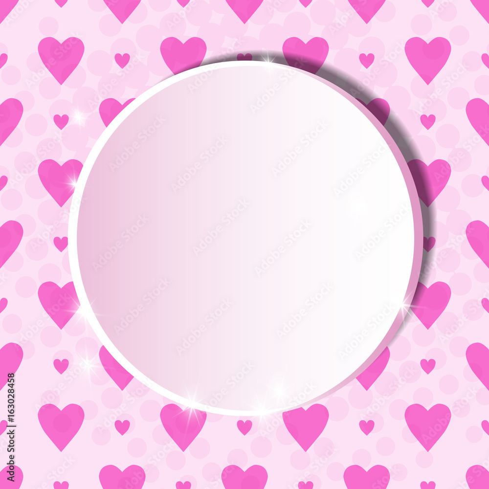 Template for a poster with a round zone for text on a pink background with hearts. Valentines day pattern for congratulation or packing. Wedding background.