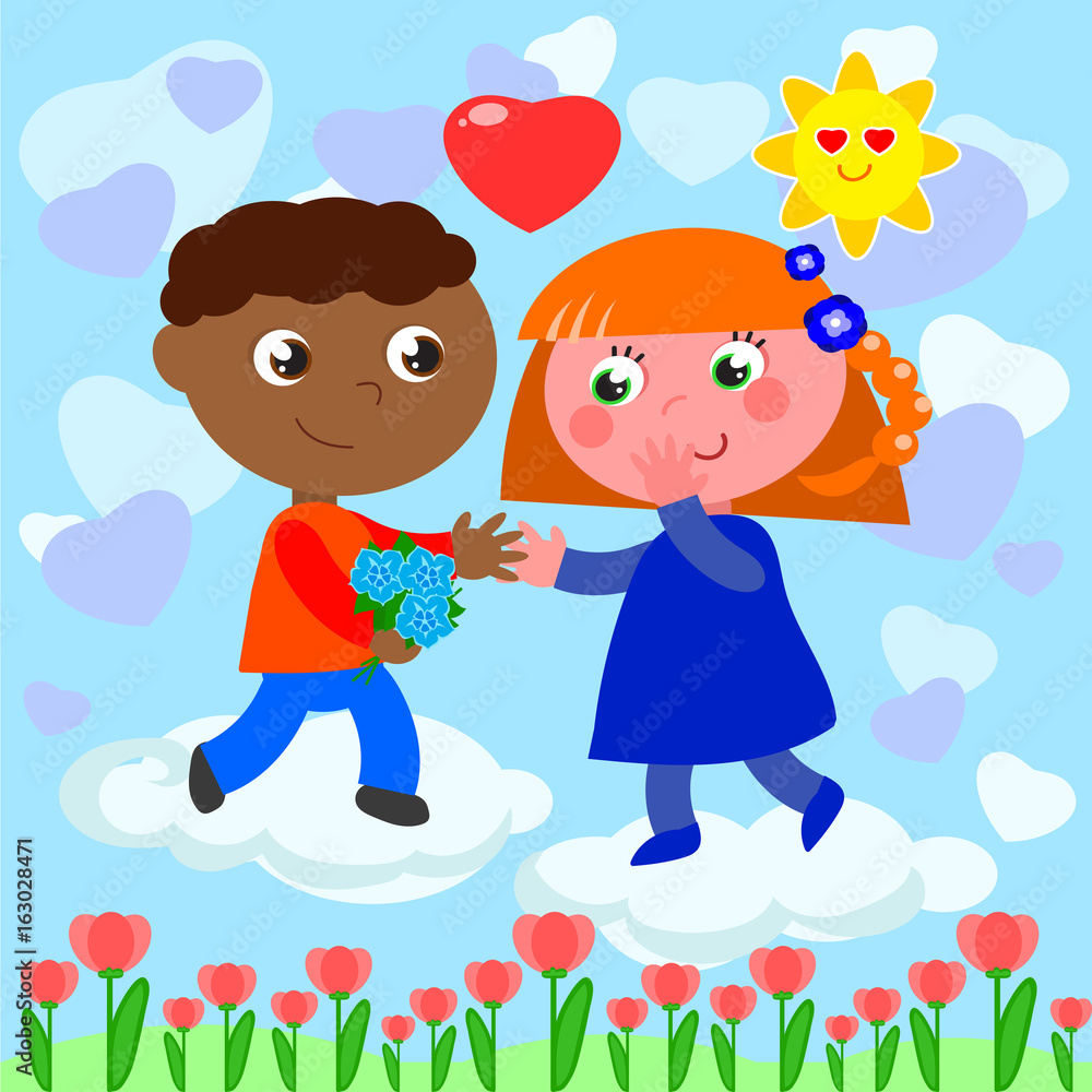 Interracial romantic young boy and girl in love vector Interracial romantic young boy and girl in love vector