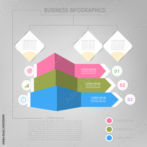 Infographic template of three steps on squares, tag banner, work sheet, flat design of business icon, vector