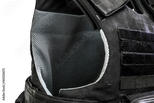 A bulletproof vest made from high-tech fabric with quick connection system, close up, isolated