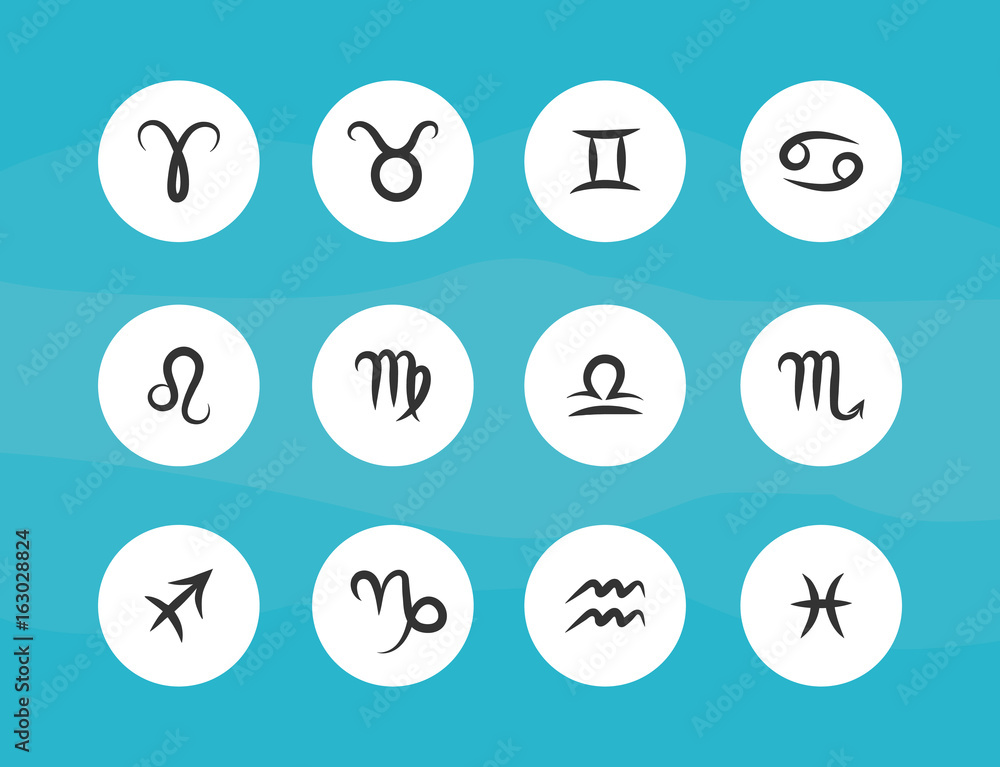 Set of hand drawing zodiac symbols, flat round white icons on the blue background Set of hand drawing zodiac symbols, flat round white icons on the blue background