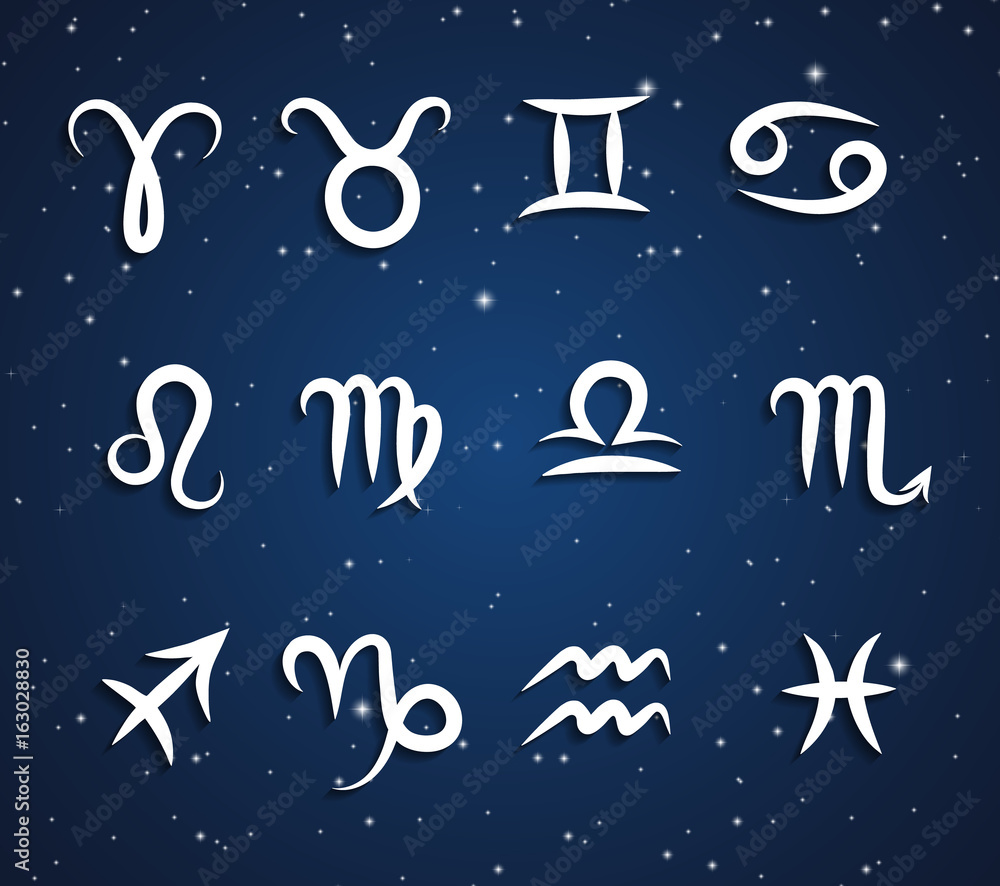 Set of hand drawing zodiac symbols, white icons with shadow on the background of dark blue starry sky Set of hand drawing zodiac symbols, white icons with shadow on the background of dark blue starry sky