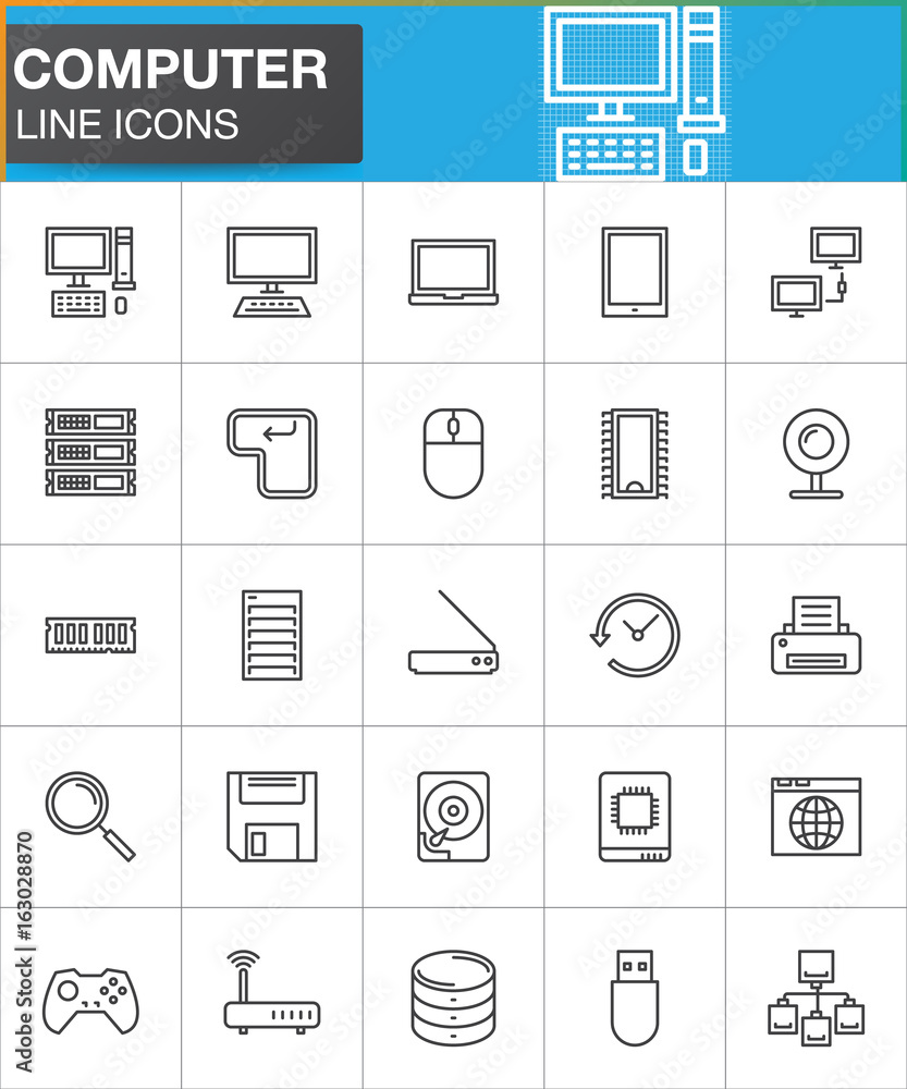 Computer line icons set, outline vector symbol collection, linear style pictogram pack. Signs, logo illustration. Set includes icons as desktop computer, laptop, tablet, printer, hdd, save, server Computer line icons set, outline vector symbol collection, linear style pictogram pack. Signs, logo illustration. Set includes icons as desktop computer, laptop, tablet, printer, hdd, save, server