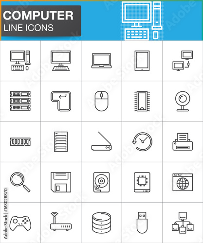 Computer line icons set, outline vector symbol collection, linear style pictogram pack. Signs, logo illustration. Set includes icons as desktop computer, laptop, tablet, printer, hdd, save, server