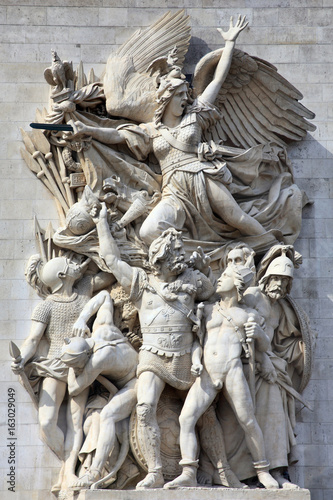 Paris, France, September 16, 2011 :  Le Depart, sculpture on the Arc De Triomphe which celebrates the cause of the French First Republic and shows winged liberty above the volunteers