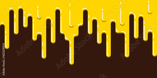 Seamless streak of dripping cheese Trickles of molten cheese flowing down Vector flat linear illustration isolated on brown background