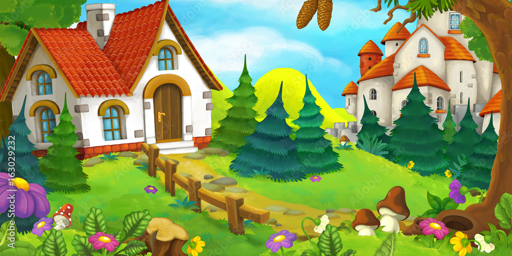 cartoon scene of an old house in the forest and big castle in the background
