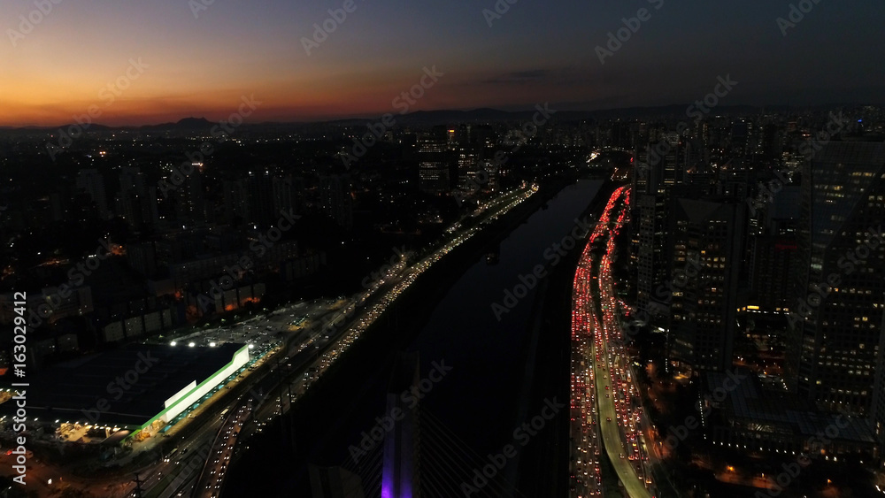 Aerial View of Estaiada Bridge in a Beautiful Evening Hour in Sao Paulo, Brazil