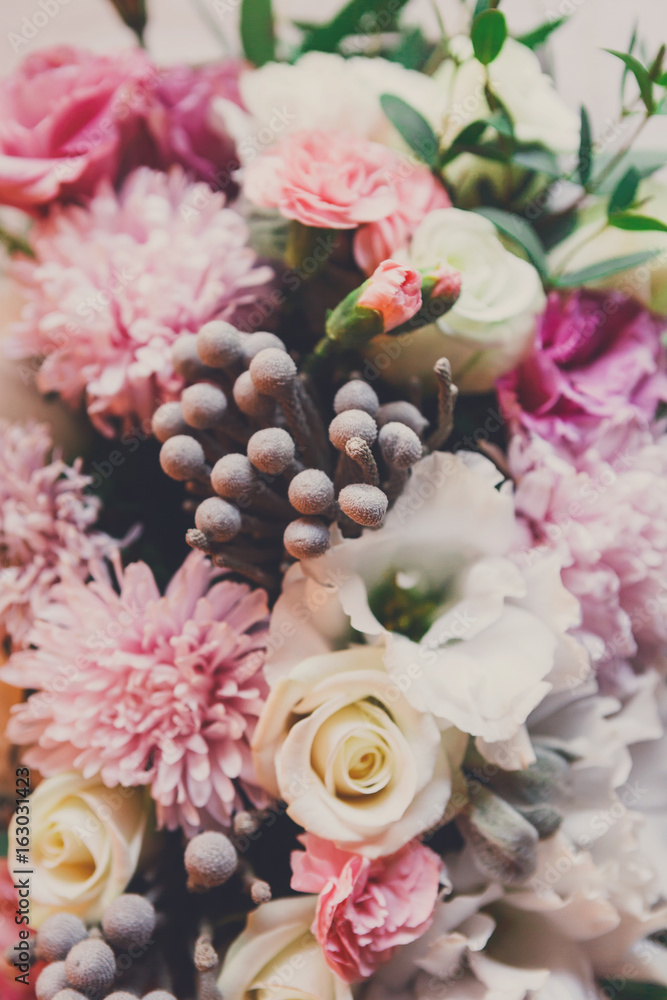 Fototapeta premium Wedding floral decoration, flowers bouquet closeup