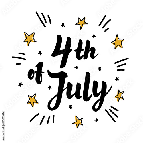 Illustration of Independence Day Vector. Comic style Poster. 4th of July Paper Lettering on white background with Stars and clouds. Marker scetch style.