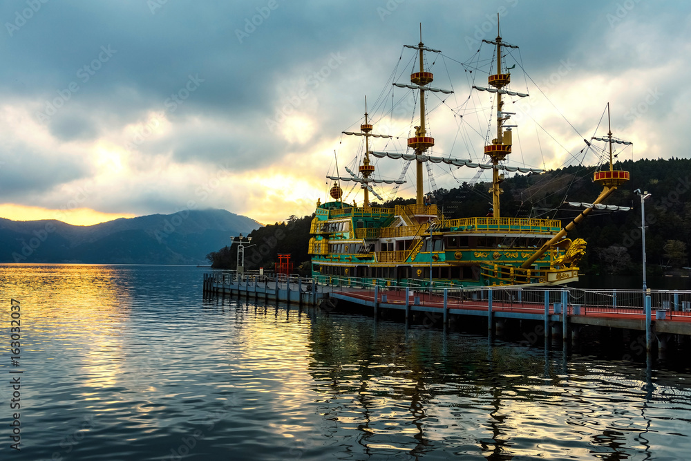 Ashi lake at sunset with pirate ship