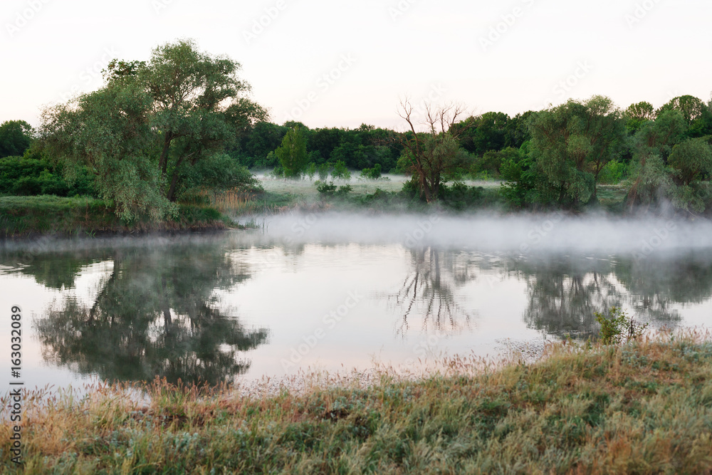 Misty forest river in morning mood. Countryside landscape