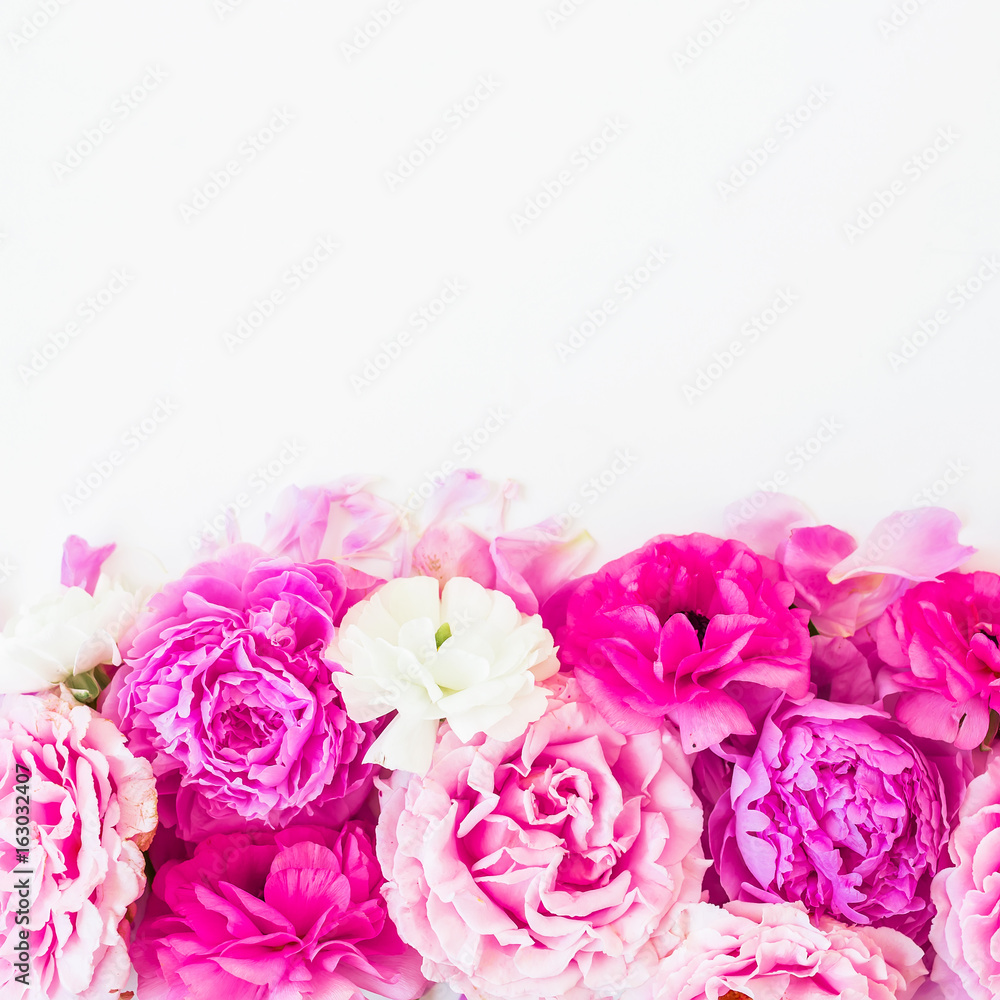 Pink flowers - roses and peonies on white background. Floral composition. Flat lay, top view. Pink flowers - roses and peonies on white background. Floral composition. Flat lay, top view.