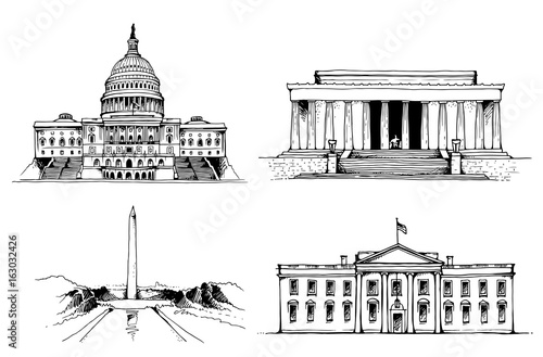 United States Capitol Building, White House, Washington Monument, Lincoln Memorial vector illustration. USA vector landmarks set isolated on white background