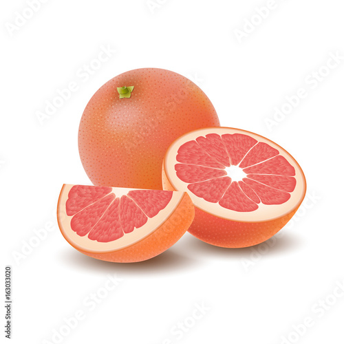Isolated colored group of grapefruits, slice, half and whole juicy fruit with shadow on white background. Realistic citrus.