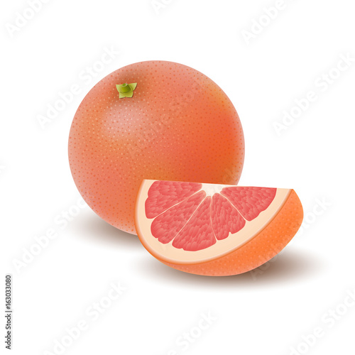 Isolated colored group of grapefruits, slice and whole juicy fruit with shadow on white background. Realistic citrus.