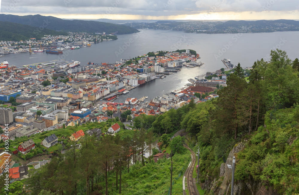 Panoramic view of the beautifully situated Bergen, the second largest city in Norway. It is called the Fjord Gate and is listed as a UNESCO World Heritage Site 