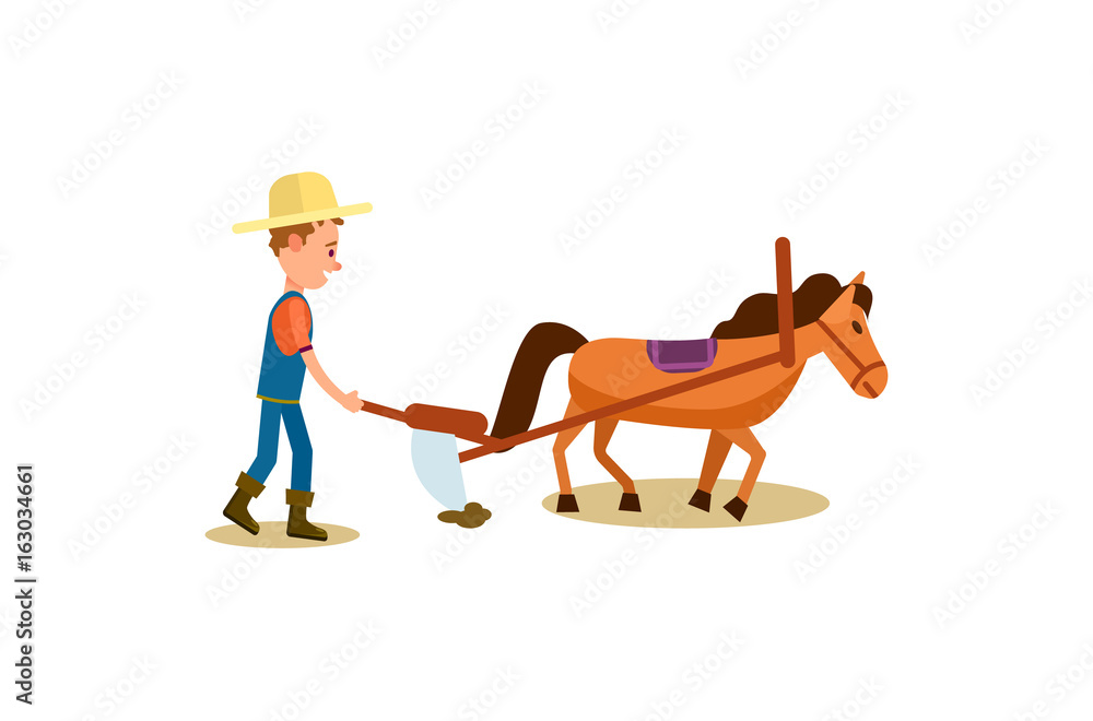 Farmer and horse plowing field icon. Agricultural farming vector ...
