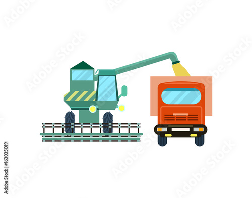 Agriculture combine harvester with tractor icon. Rural industrial farm equipment machinery, agricultural vehicle isolated vector illustration in flat design.
