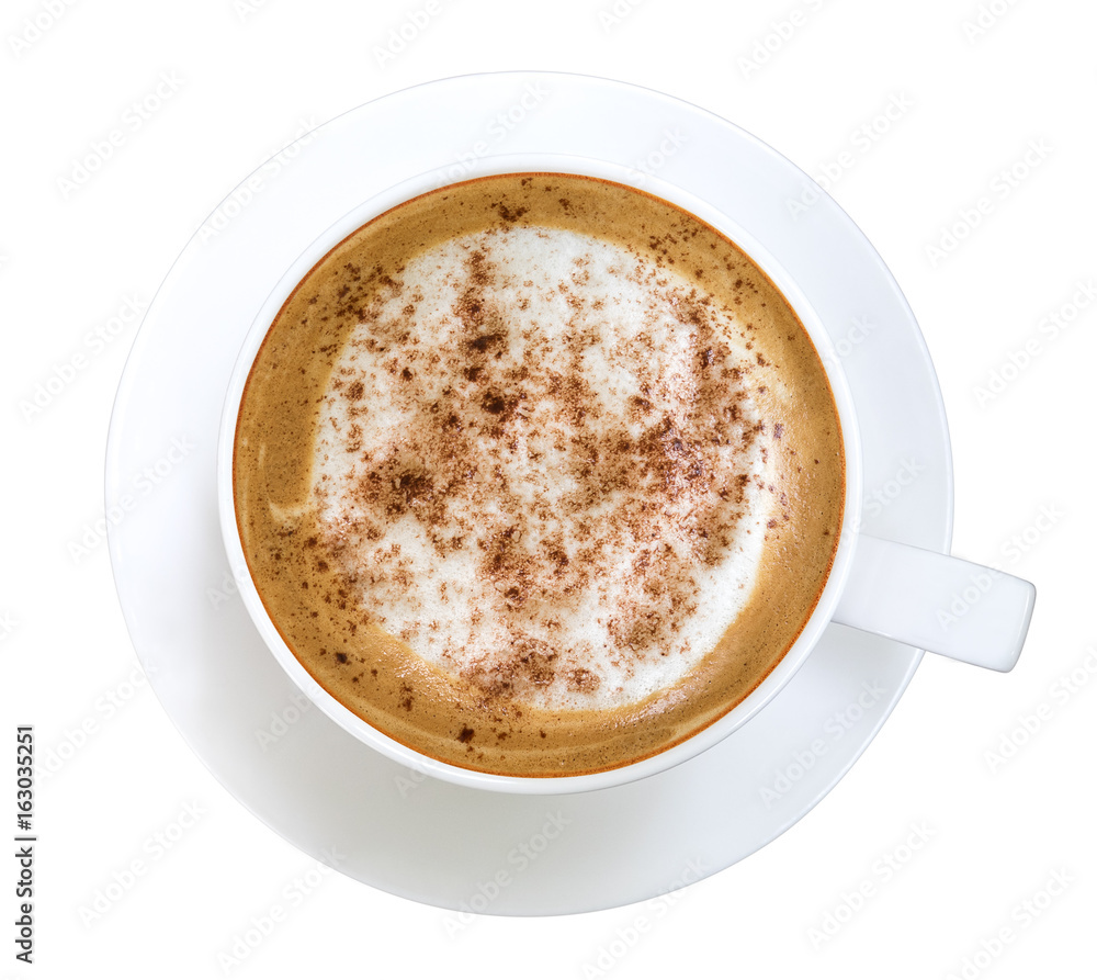 Top view of hot coffee latte cappuccino isolated on white background, clipping path included Top view of hot coffee latte cappuccino isolated on white background, clipping path included