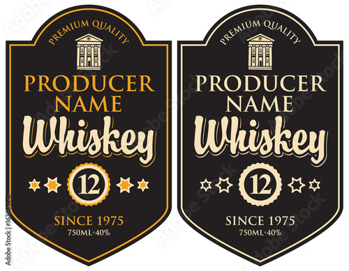 Vector set of two labels for whiskey in the curly frame with old building and inscription in retro style on black background