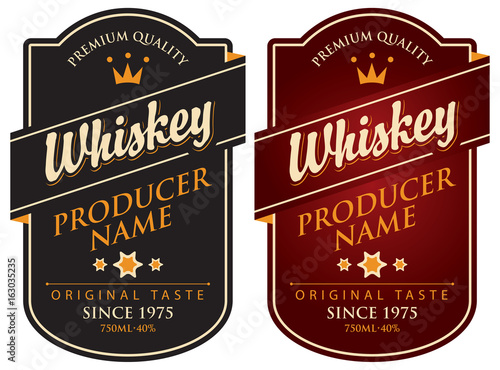 Vector set of two labels for whiskey in the curly frame with crown and inscription on dark background in retro style