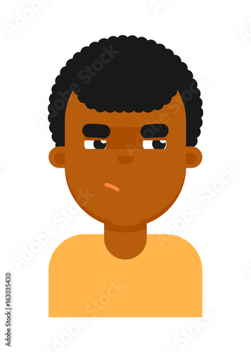 Insidious facial expression of black boy avatar. Young african man face, people emoticon icon, emoji vector illustrations isolated on white background.