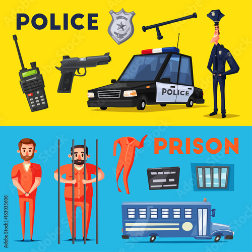 Police and prison. Cartoon vector illustration