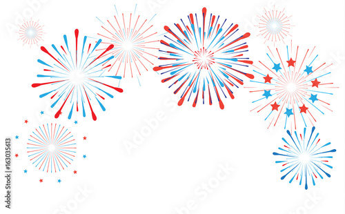 Happy Independence Day Festive Holiday background. Fireworks, burst stars decorative border frame in American flag color.