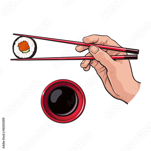 Eating sushi - human hand with chopsticks and soy sauce bowl, sketch vector illustration isolated on white background. Soy sauce and hand holding chopsticks and sushi, roll, realistic hand drawing