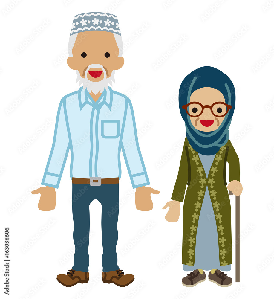 Senior couple -Muslim, Walking Cane grandma
