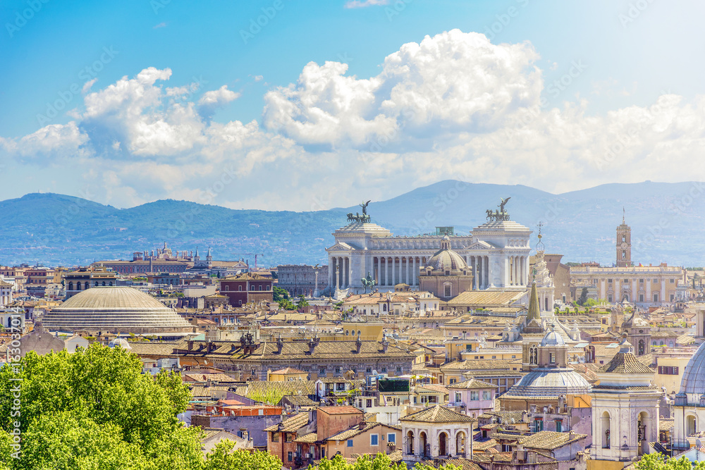 Panoramic view of rome with the Capitoline hill, Vittoriano and Pantheon Dome