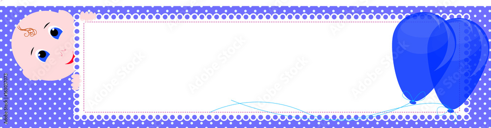 Baby shower banner. Cute boy holding the sign for writing. Balloons and baby. Design banner, invitation or greeting card for baby shower.